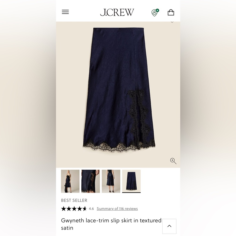 J. Crew Midnight Blue Satin Skirt with Lace Detail